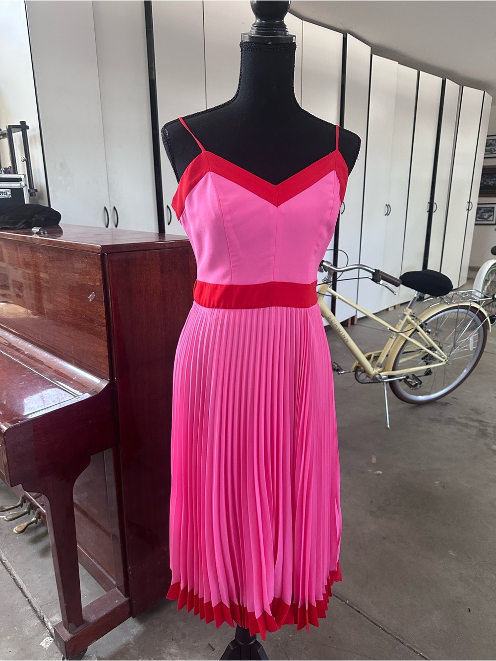 Milly Pink and Red Pleated Midi Dress